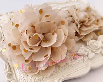 Tan & Gold dots Flowers - Chiffon Fabric Flower - 3.5" Chiffon Fabric Flowers - Chiffon Rose - Wholesale Chiffon Flowers - Fabric Flowers