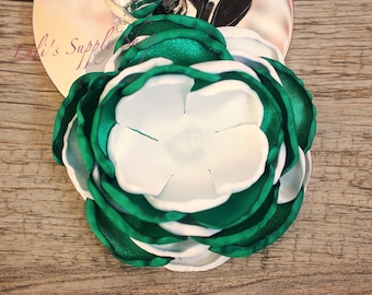 ONE - Green and White 4" UNFINISHED Satin Flowers - Satin Layered Fabric Flowers - St Patrick Burned Edge Fabric Flowers - Wholesale Flowers