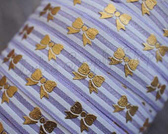 Lavender, White & Gold Bow Foil Printed FOE - 1 Yard 5/8 Fold Over Elastic - Princess Elastic - Bow printed FOE- Elastic by the yard - DIY