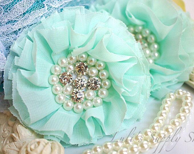 Set of 2 Mint Beaded Fabric Flowers Mint Fabric Flower Mint Chiffon