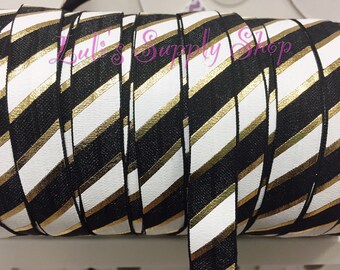 Black White & Gold large stripe FOE - 5/8 Fold Over Elastic - Wholesale Foldover Elastic - Bulk FOE- Wholesale Elastic by the yard