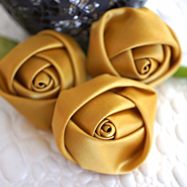 Set of 3 Rolled Rosettes 1.5" - Gold - Satin Flower - Satin Rose - Small Rosettes - Satin rosettes - Rolled flowers - Wholesale Supplies