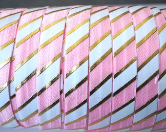 1 Yard - Foil Print Pink White and Gold large stripe FOE - 5/8 Fold Over Elastic - Foldover Elastic - printed FOE- Elastic by the yard - DIY