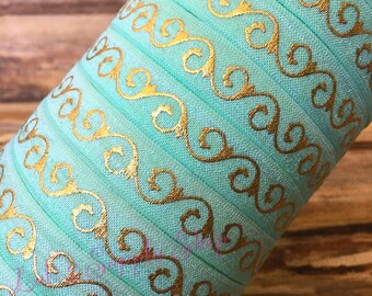 Foil Print Mint and Gold Aztec Vine FOE - 5/8 Fold Over Elastic - Foldover Elastic - printed FOE - Elastic by the yard - Elastic Ribbon