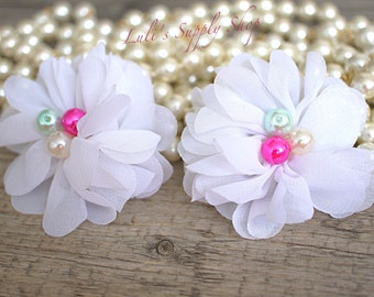 2.2" White PETITE Chiffon Flower with Colorful Pearl Centers -  Petite Blossom flowers - Wholesale chiffon flowers - Mini Fabric Flowers