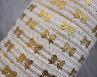 Cream, white & Gold Bow Foil Printed FOE - 1 Yard 5/8 Fold Over Elastic - Princess Elastic - Bow printed FOE- Elastic by the yard - DIY