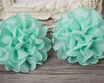 Set of 2 - 4" Mint Chiffon Ruffled Flowers - Mint Fabric Flower - Large Chiffon Fabric Flower - Mint Chiffon Flowers - Burned Edge Flower