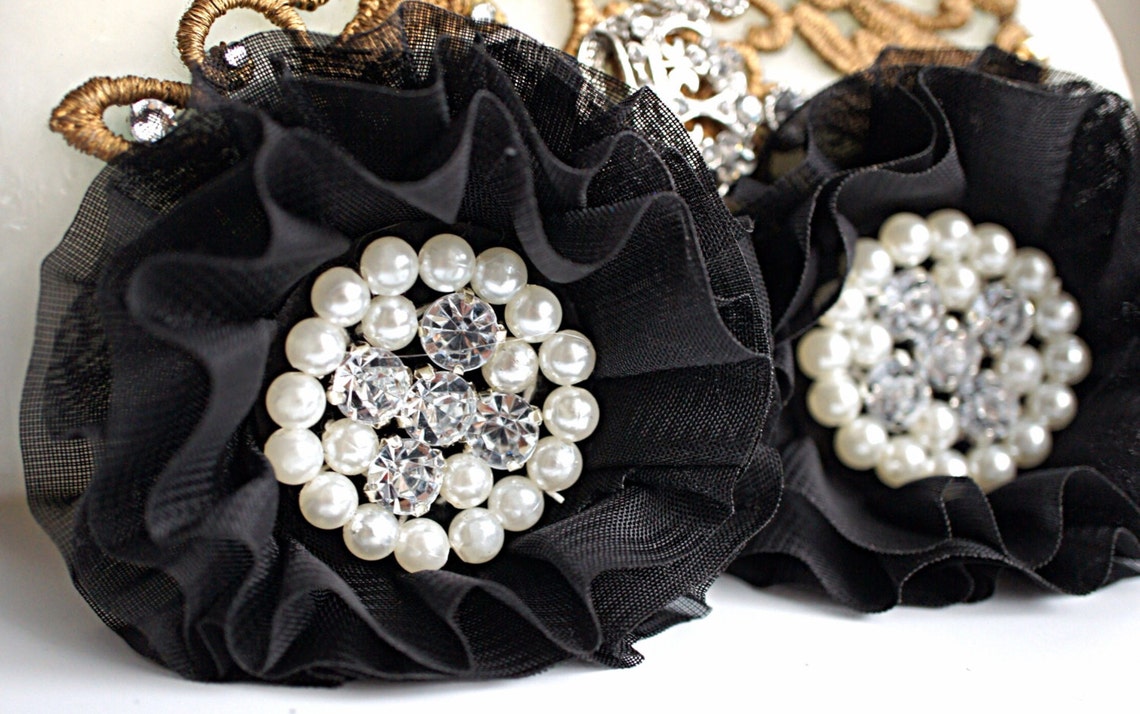 Set of 2 Black Beaded Fabric Flowers black Flowers Etsy