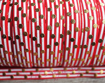 1 Yard - Large metallic Gold Polka Dots FOE - 5/8 Fold Over Elastic - Foldover Elastic - Red White printed FOE - Elastic by the yard - DIY