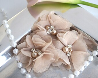 Set Of 3 Petite Nude Chiffon beaded flowers - 2" Pearl and Rhinestone center Flowers - Layered small fabric flower -Wholesale Fabric Flowers