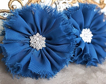 Set Of 2 Ballerina Flowers with Rhinestone Button - 3" Frayed Vintage Ballerina Flowers - Navy Blue Ballerina Flowers - Set of 2 -
