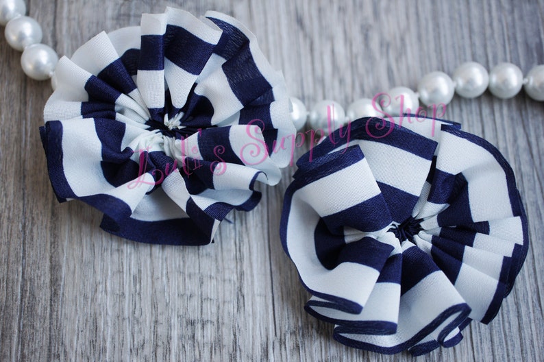 Bulk Fabric Flowers 2.5 Ballerina Flowers Set of 2 Navy Blue /& White Ruffle Unfinished Ballerina Flowers Fabric flowers for Headbands
