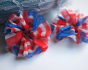 Set of 2 Red, Blue and White Double Ruffle Unfinished Ballerina Flowers - 2.5" Ballerina Flowers - Unfinished Flowers - 4th Of July Flowers
