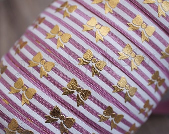 Mauve, White & Gold Bow Foil Printed FOE - 1 Yard 5/8 Fold Over Elastic - Princess Elastic - Bow printed FOE- Elastic by the yard - DIY