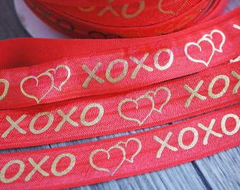 Red Gold Valentines FOE - XOXO Elastic - 5/8 Fold Over Elastic - Foldover Elastic - printed foe - Red and Gold Elastic by the yard - DIY