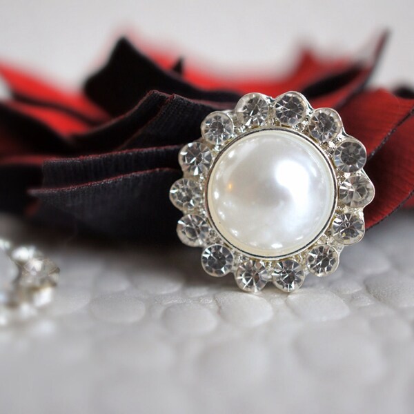 3 White Metal Rhinestone Buttons or Flower Centers - Rhinestone Embellishment Button- White Pearl Button 21mm Flat Back Acrylic Buttons