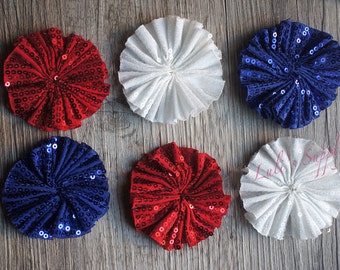 Set of 3- Red, Blue & White Sequin Double Ruffle Unfinished Ballerina Flowers - 2.5" Ballerina Flowers - Sequin flowers - Ballerina Flowers