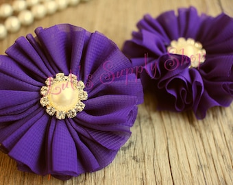 Set Of 2 Purple Ballerina Flowers with Rhinestone Pearl Button - 3" Chiffon Ballerina Flowers - Purple Ballerina Flowers - Fabric Flowers