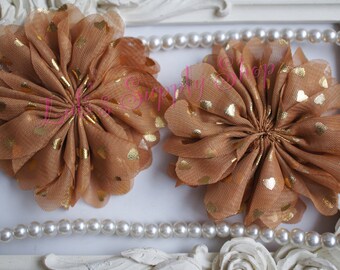 Tan & Gold Hearts Scalloped Chiffon Flowers - Ruffle Fabric Flowers - Large Chiffon Unfinished Ballerina - Wholesale Fabric Flowers