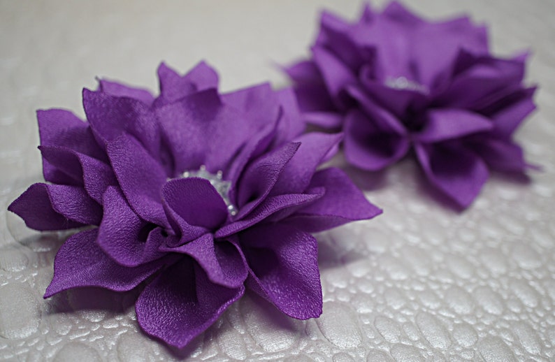 Wholesale Fabric Flowers Embellished Flowers 2 pcs Purple 3 Fabric Poinsettia Flowers Soft Chiffon rhinestones Layered Fabric Flowers