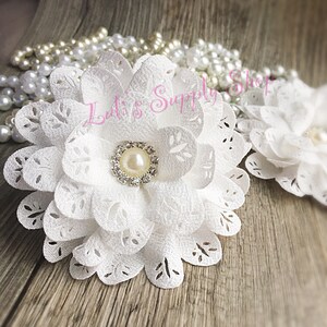 Set of Two - 3" White Blossom Scalloped Flower - Headband Supplies - Rhinestone Large Fabric Flowers - Wholesale Chiffon Fabric Flowers