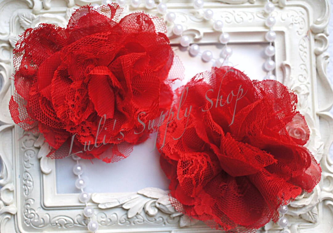 Set of 2 Red 3.75 Chiffon Lace Fabric Flowers Lace Etsy
