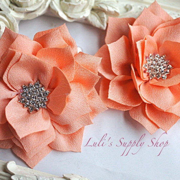 2 pcs Peach 3" Dahlia Kanzashi Flowers - Soft Chiffon rhinestones Layered Fabric Flowers- Embellished Flowers - Wholesale Fabric Flowers