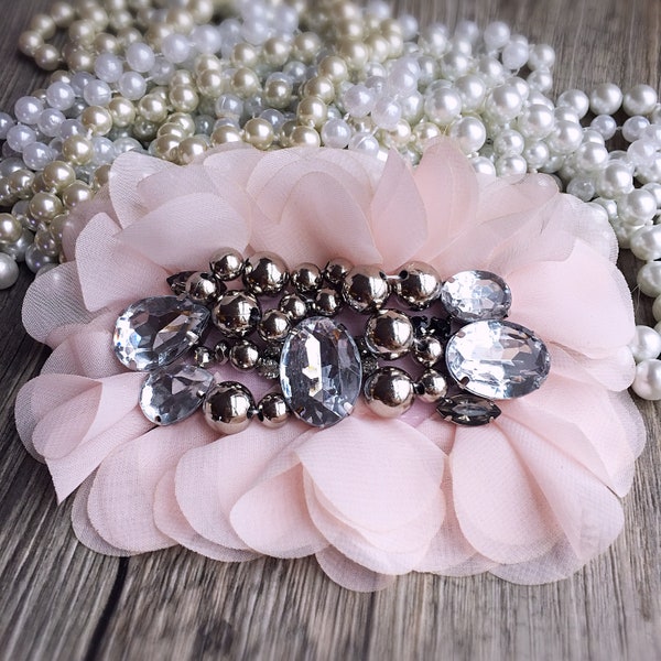 Set of 2 Ice Pink Chiffon Flowers - Large Beaded Flowers - DIY Headband Supplies - Bulk Chiffon Rhinestone Flowers - Wholesale Fabric Flower