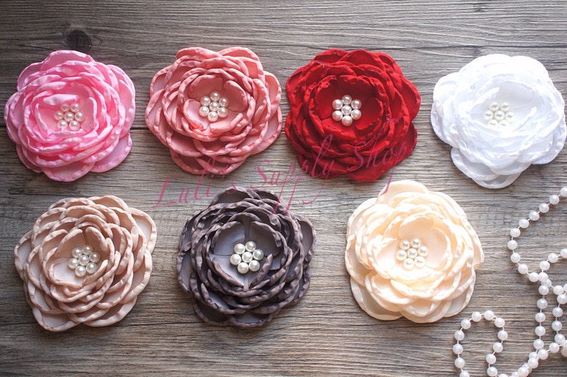 Wholesale Fabric Flowers Dark Red 4 Satin Flowers Set of 2 Soft Satin Layered Fabric Flowers Red Burned Edges Fabric Flowers