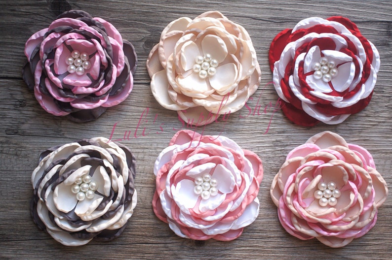 Wholesale Fabric Flowers Dark Red 4 Satin Flowers Set of 2 Soft Satin Layered Fabric Flowers Red Burned Edges Fabric Flowers