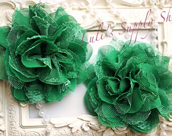 Set of 2 - Emerald Green 3.75" Fabric flowers - Lace Flowers Christmas lace flower - chiffon flower - lace rose - Wholesale DIY Supplies