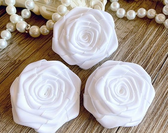 Set of 3 - White 1.8" Satin Rolled Roses - Folded Roses - Bulk Satin Layered Fabric Roses - Wholesale flowers - Wedding Flowers - White Rose