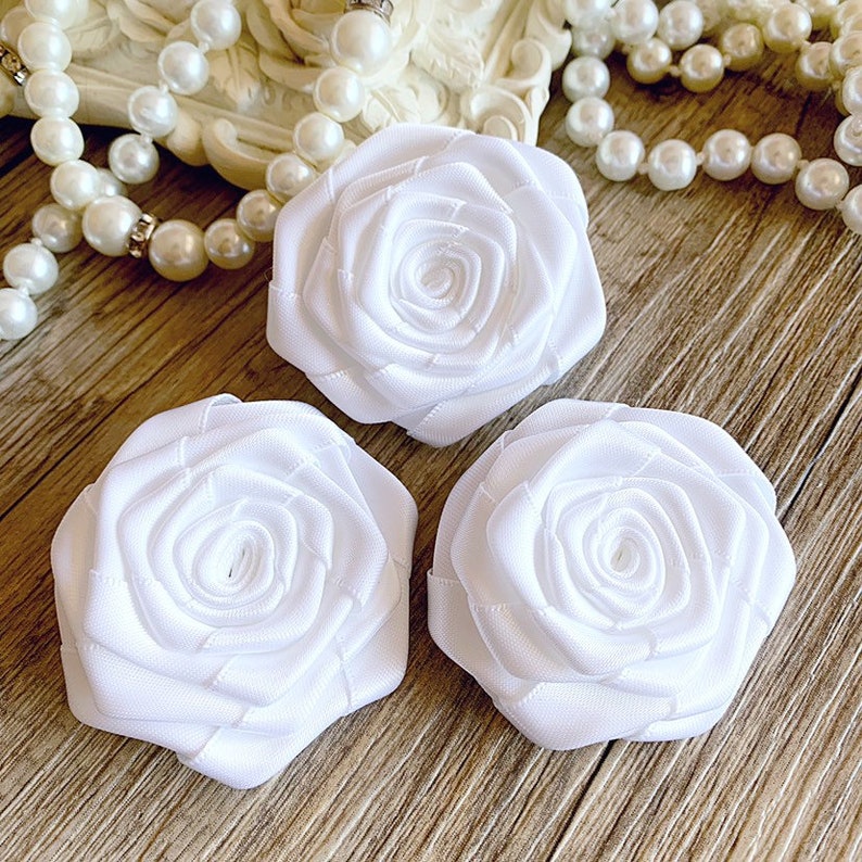 Set of 3 White 1.8 Satin Rolled Roses Folded Roses Bulk Satin Layered Fabric Roses Wholesale flowers Wedding Flowers White Rose image 1