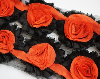 Black & Orange Shabby Rose Trim - Shabby Flower Trim - Shabby Flower - Chiffon Flower - Halloween Shabby Chic - Rose Trim - Wholesale