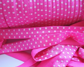 1 Yard Hot Pink & White Polka Dots FOE - 5/8 Fold Over Elastic - Foldover Elastic - printed FOE - Elastic by the yard - Polka Dots FOE