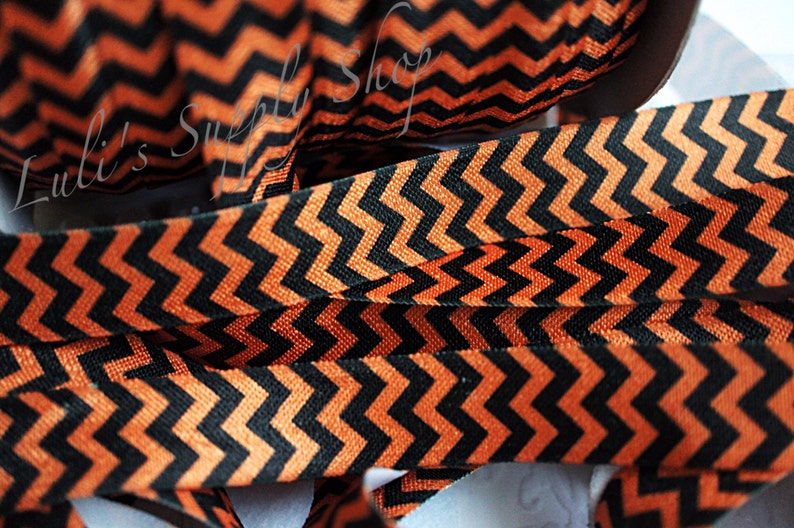Black /& Orange Chevron Elastic by the yard Foldover Elastic Halloween Chevron FOE 58 Fold Over Elastic Elastic Ribbon printed FOE