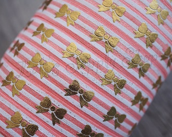 Coral, White & Gold Bow Foil Printed FOE - 1 Yard 5/8 Fold Over Elastic - Princess Elastic - Bow printed FOE- Elastic by the yard - Bulk FOE