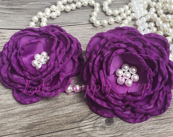 Set of 2 - Purple 4" Satin Flowers - Large Satin Layered Fabric Flowers - Purple Burned Edges Fabric Flowers - Wholesale Headband Supplies