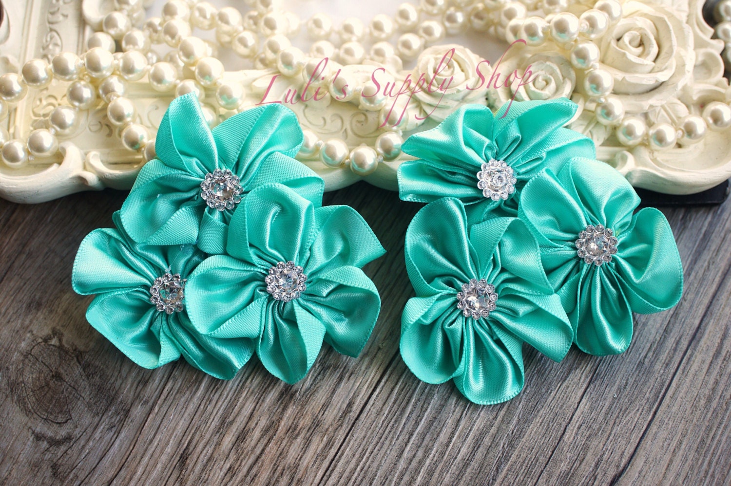 Set of 2 Seafoam Green Cluster Satin Flowers Embellished Etsy