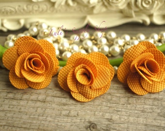 Set of 3 Mustard Yellow - 4CM Petite flower - Petite Roses - Linen Fabric Flower - Bulk flowers - Headbands Supply - Mini Fabric Roses