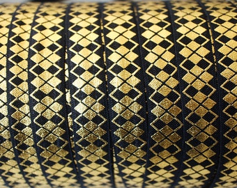 Zwart-gouden folie 5/8 vouw elastiek - FOE - Bulkvouwelastiek - Chevron - Elastiek op maat gesneden - Glanzend elastiek - Elastische rand