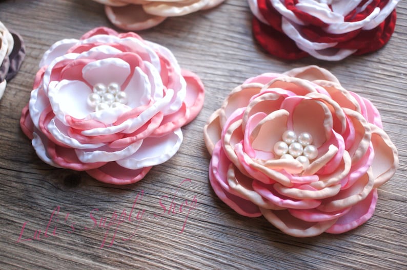 Wholesale Fabric Flowers Dark Red 4 Satin Flowers Set of 2 Soft Satin Layered Fabric Flowers Red Burned Edges Fabric Flowers