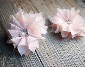 Set of 2 - Lt Pink Chiffon Beaded Flowers - 3" Large Chiffon Flowers - Folded Chiffon Flowers - Fabric flowers - Pastel Pink Pearl Flowers