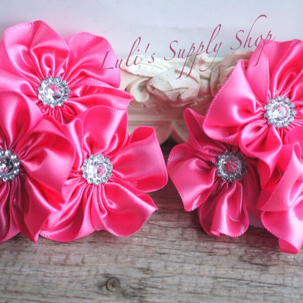 Set of 2 - Hot Pink Cluster Satin Flowers - Embellished Satin Flowers - 2.5" Satin Cluster - Hair Accessories - Hot Pink Satin Flowers
