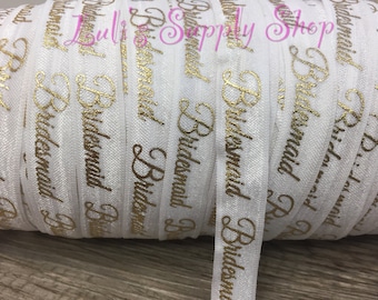 1 Yard - Foil print White Gold Bridesmaid FOE - 5/8 Fold Over Elastic - Foldover Elastic - White and Gold Elastic by the yard - DIY