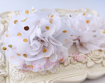 White & Gold dots Flowers - Chiffon Fabric Flower - 3.5" Chiffon Fabric Flowers - Chiffon Rose - Wholesale Chiffon Flowers - Fabric Flowers