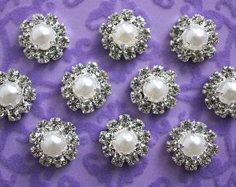 Set of 2 - 12mm Pearl and Clear Rhinestone Buttons - Rhinestone Buttons - Flower Centers - Mini Rhinestone Buttons Metal Rhinestone Button