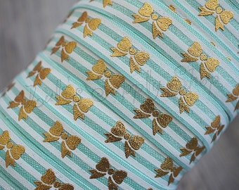 Mint, White & Gold Bow Foil Printed FOE - 1 Yard 5/8 Fold Over Elastic - Princess Elastic - Bow printed FOE- Elastic by the yard - DIY