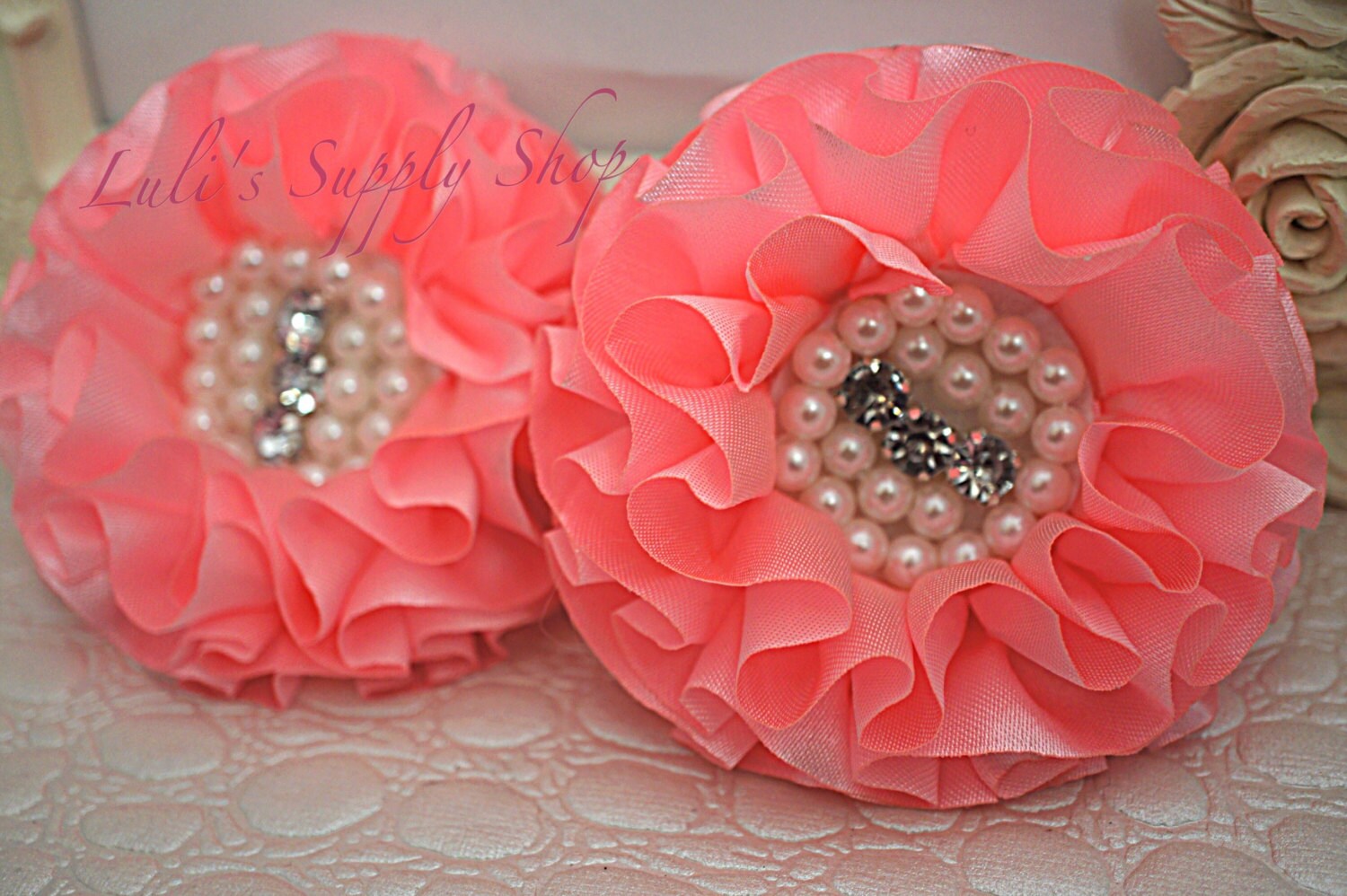 Set of 2 Pink Beaded Fabric Flowers Pink Fabric Flower Etsy