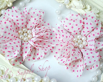 2pcs White & Pink Polka Dots Flowers - Chiffon Layered Fabric Flowers - Embellished Flowers - Pearl Center Fabric Flowers - Hair accessories